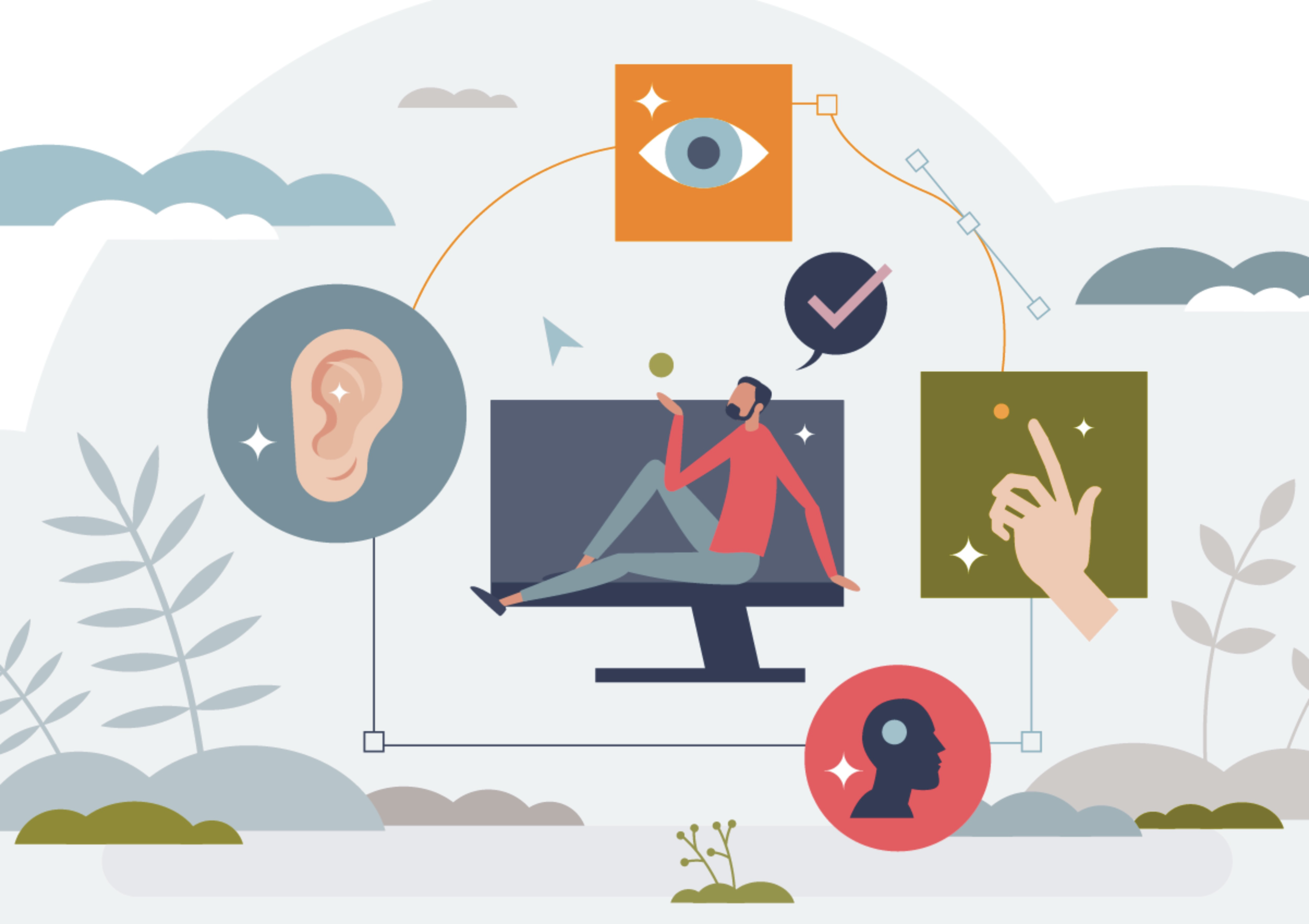 A graphic image representing digital accessibility in journalism showing a person at the center sitting in a computer surrounded symbols of accessibility and disability: an ear in a circle for access for audio assitance, an eye in a box for access for visual assistance, a finger for Braille, and a head in circle for assistance for cognitive impairment all surrounding a person in sitting on a computer monitor.