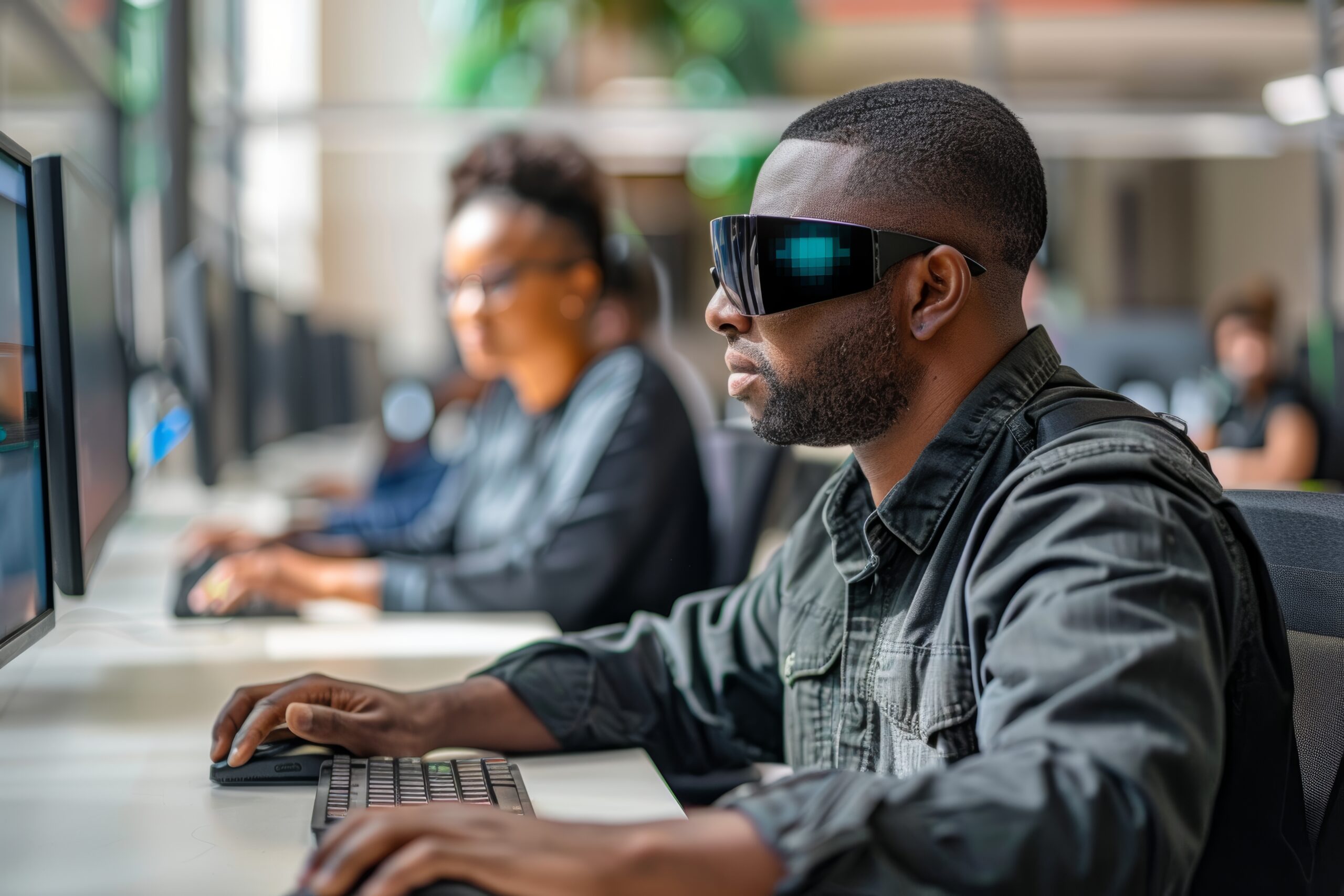 A man reads a computer screen while wearing dark glasses to increase contrast on the screen