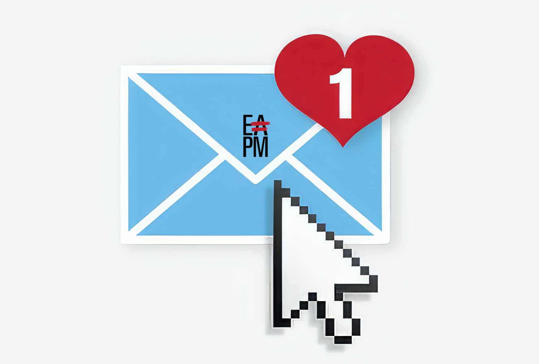 A blue email envelope with the EAPM logo and a red heart indicating one email with a 8-bit cursor hovering over it