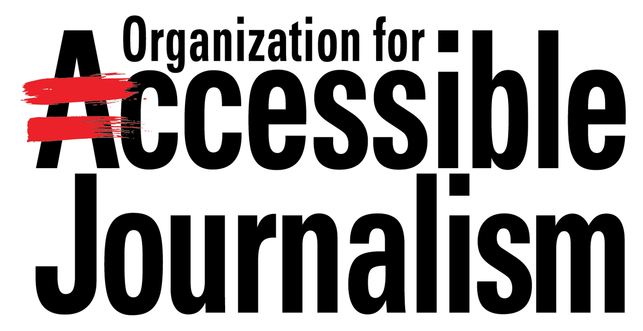 Organization for Accessible Journalism logo, in a slim, bold san serif font featuring the red equal streak over the A in accessible